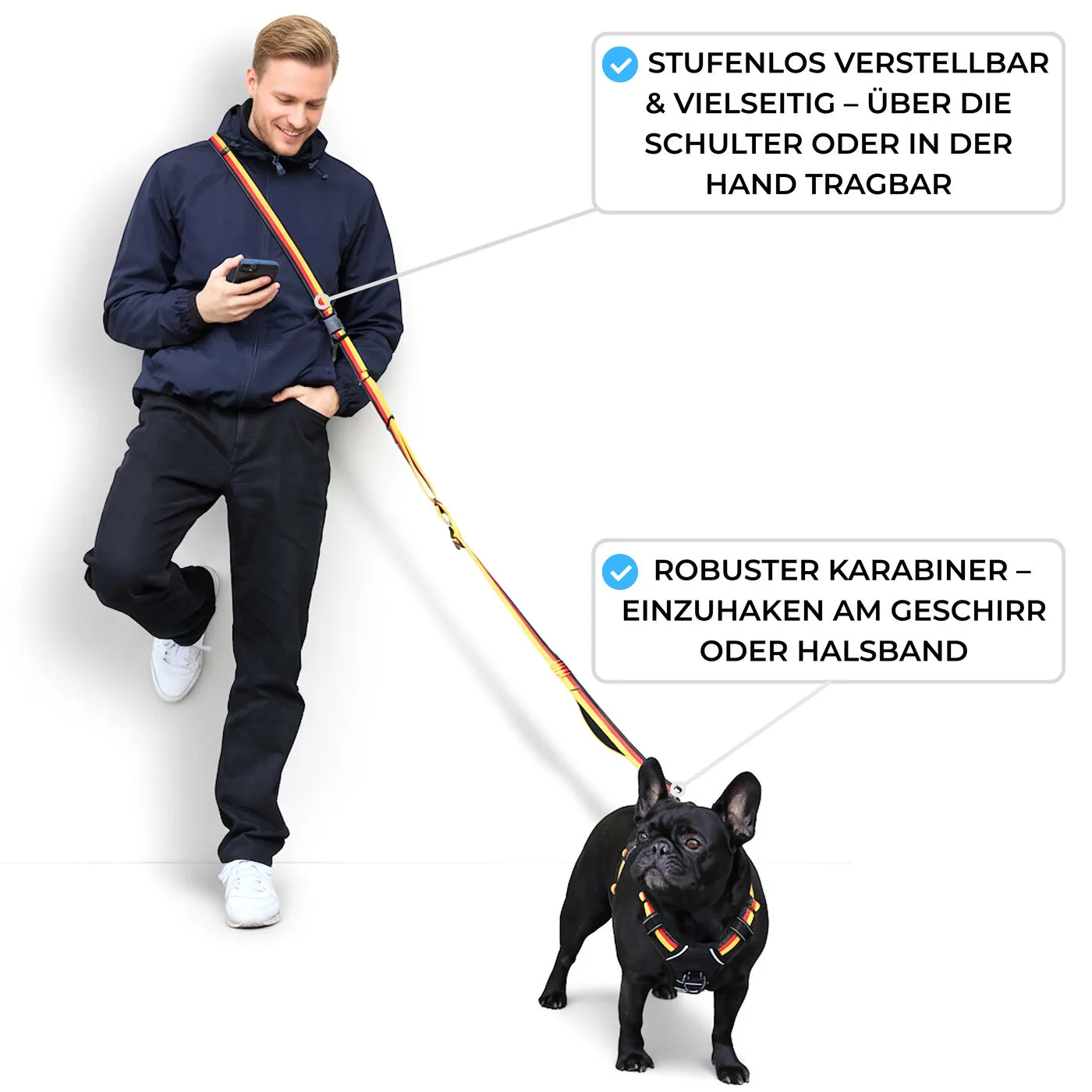 Als Freihand-Umhängeleine über die Schulter tragbar