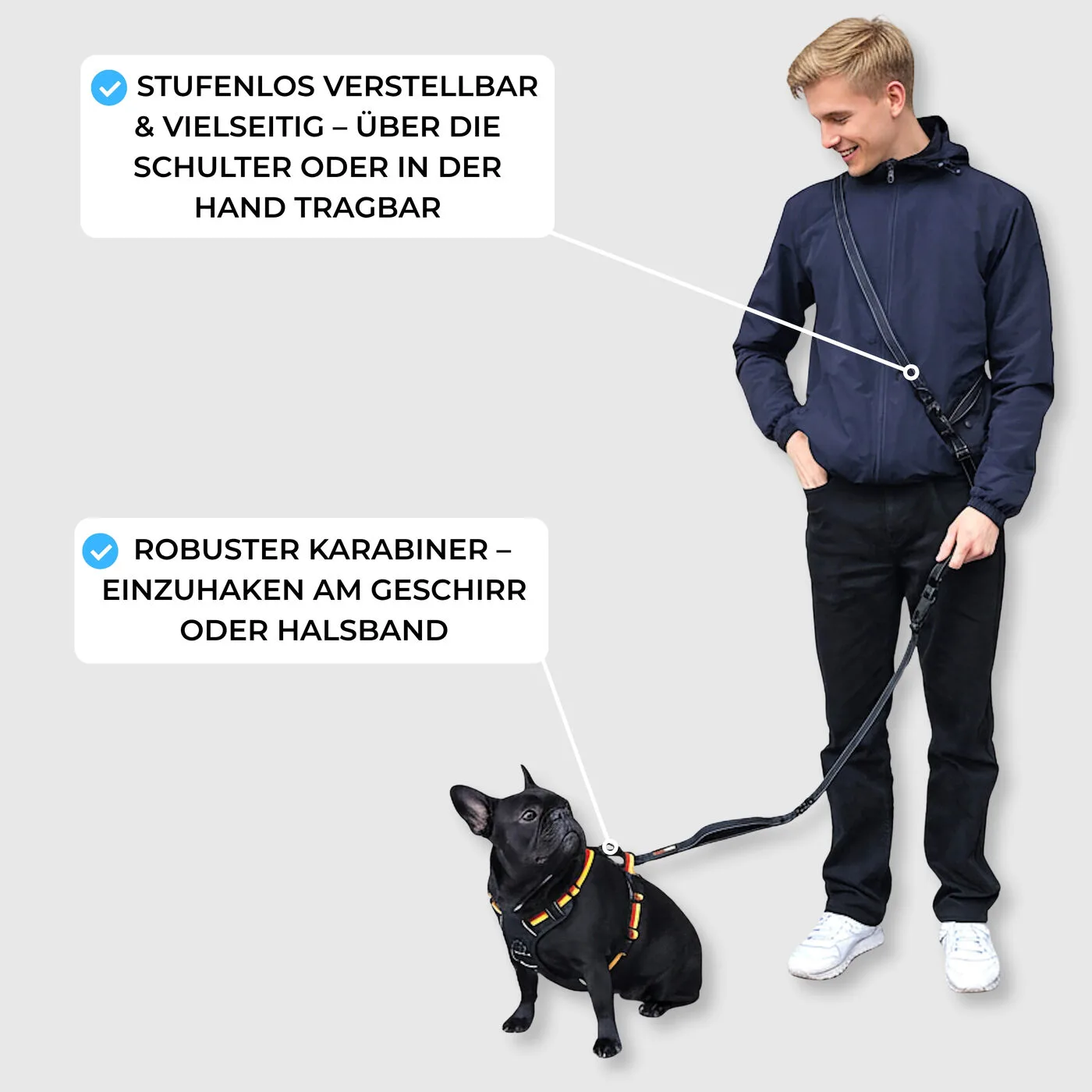 Als Freihand-Umhängeleine über die Schulter tragbar